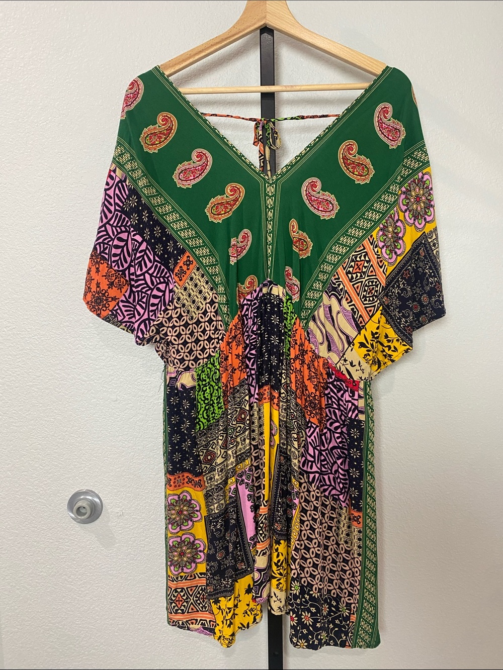 Bohemian Patchwork V-Neck Green Multi Print Dress